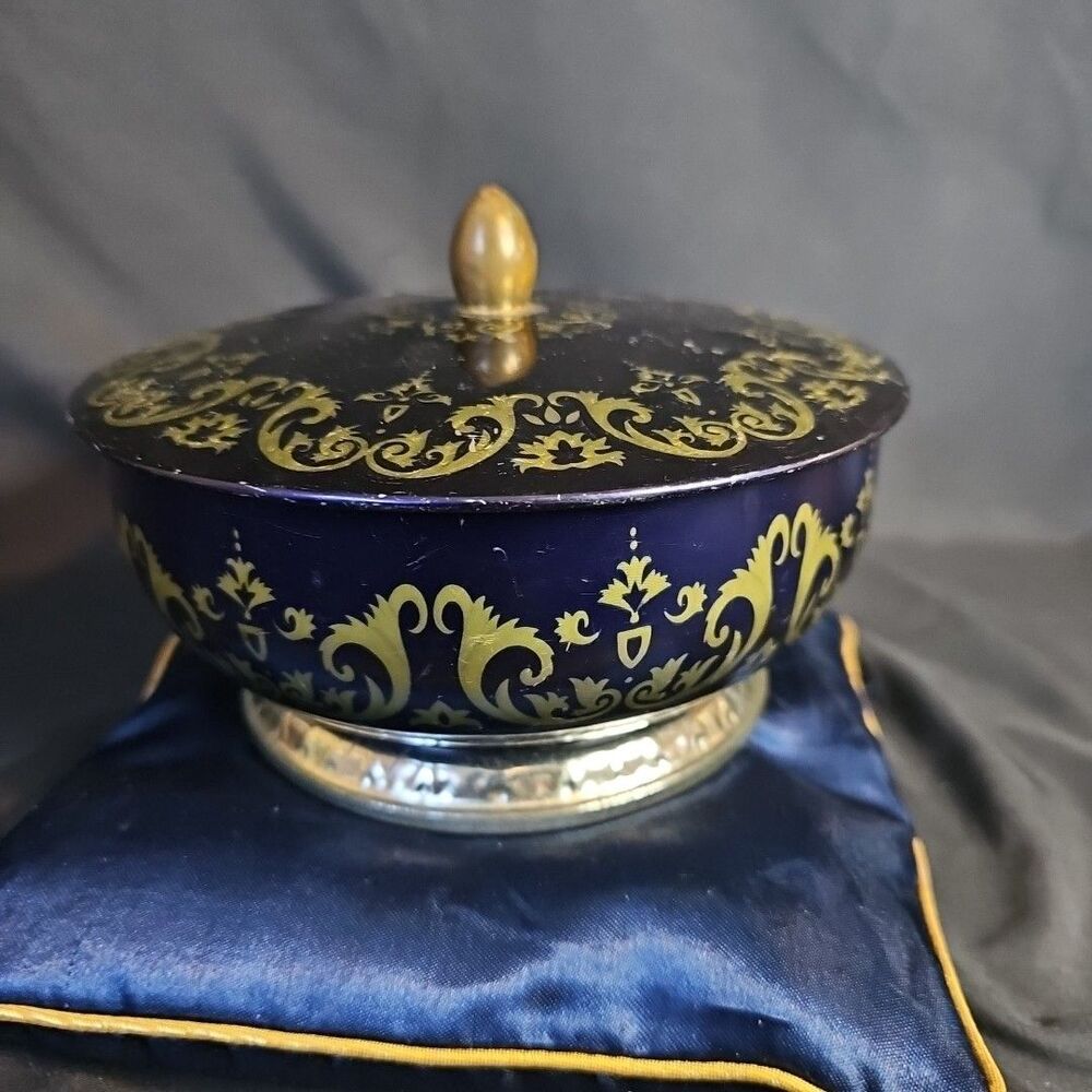 Vintage Container Cobalt Royal Blue & gold footed Tin Made in England